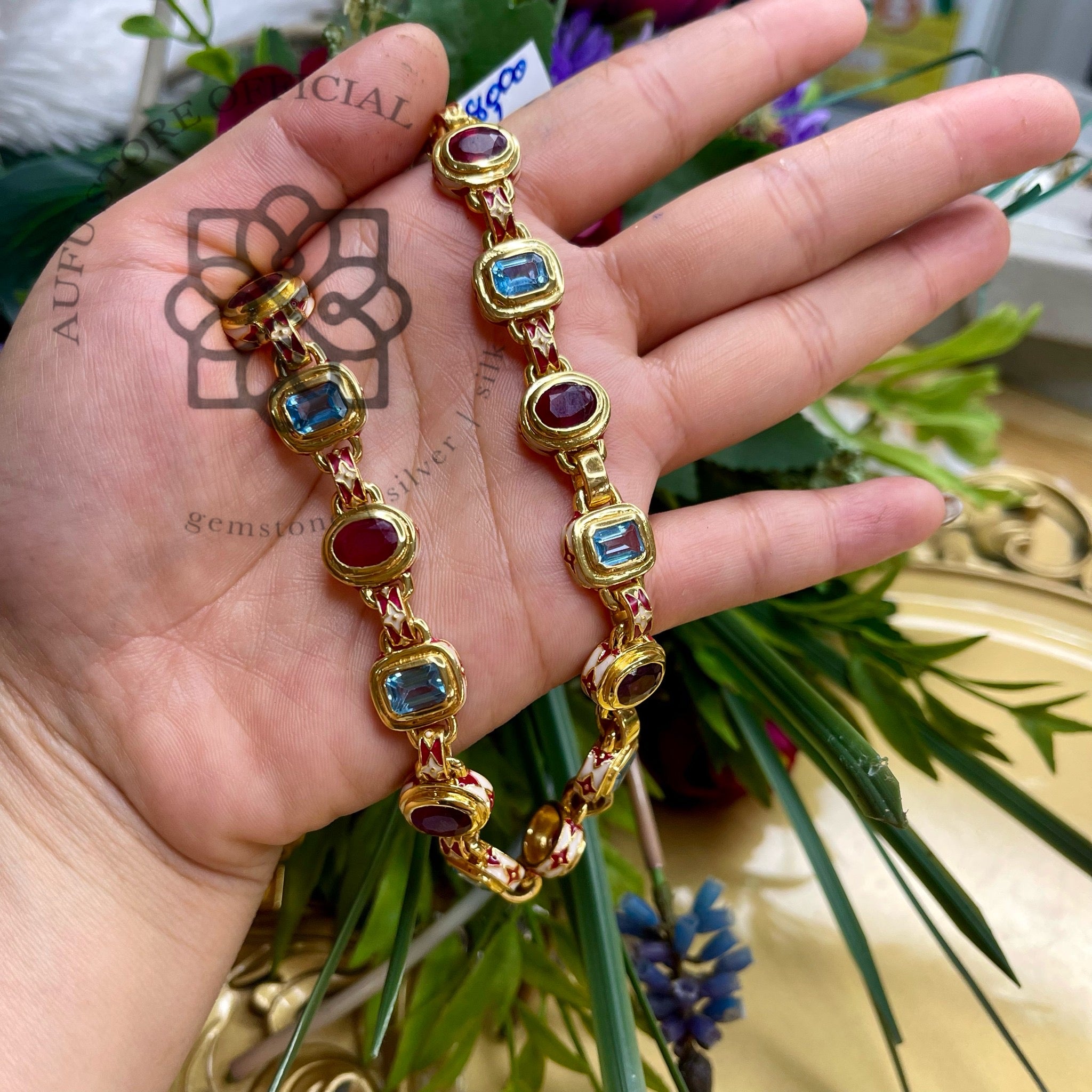 สร้อยคอทับทิม – บลูโทปาส ลงยาโบราณ Premium Handmade Necklace Premium Ruby & Blue Topaz Enamel Necklace – Handcrafted