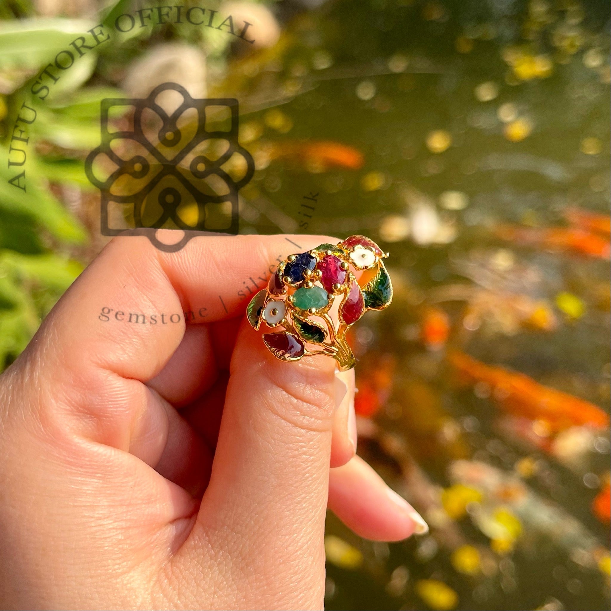 แหวนดอกไม้มงคล ประดับพลอยนวรัตน์ งานลงยาโบราณ Enamel Floral Ring with Natural Navaratna Gemstones