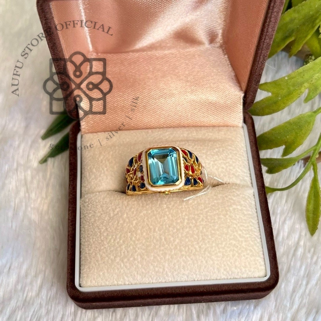 แหวนบลูโทปาสลงยา รุ่น “Celestial Thai Mosaic” รุ่น “ฟ้าเรืองรัตน์” Celestial Thai Mosaic – Blue Topaz Enamel Statement Ring