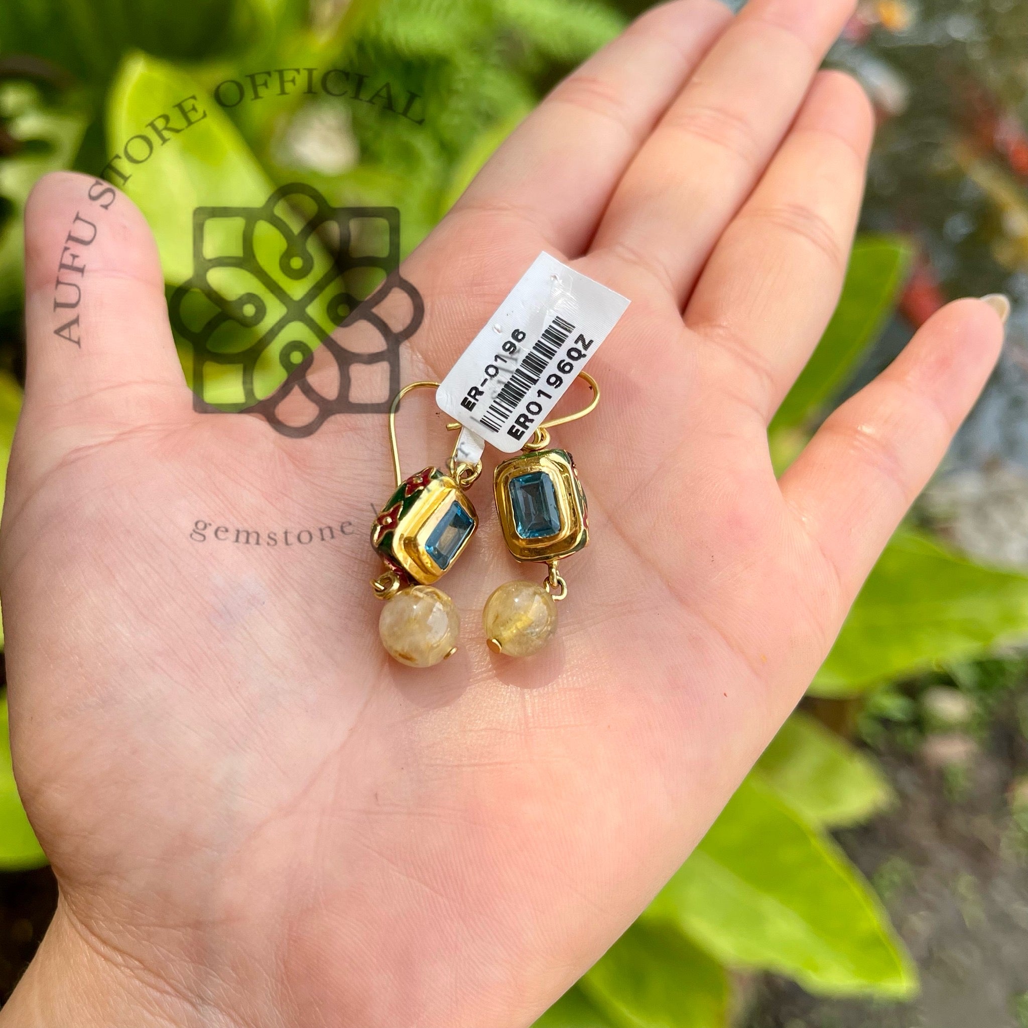 ต่างหูบลูลอนดอนประดับไหมทอง รุ่น “Skyline Aura” “ฟ้าเรืองทอง” Skyline Aura – London Blue Topaz & Rutilated Quartz Earrings