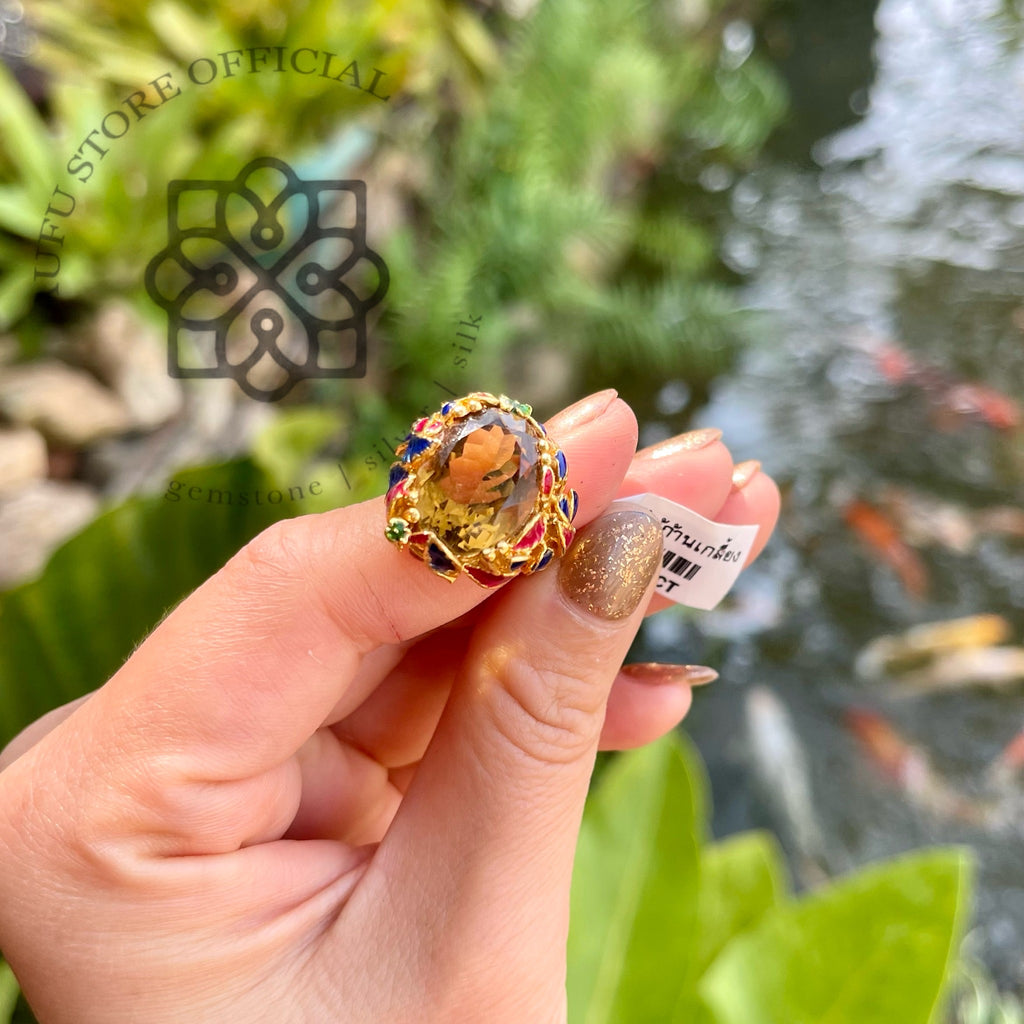 แหวนลงยาโบราณประดับซิทริน รุ่น “Golden Radiance”  Golden Radiance – Royal Enamel Citrine Ring