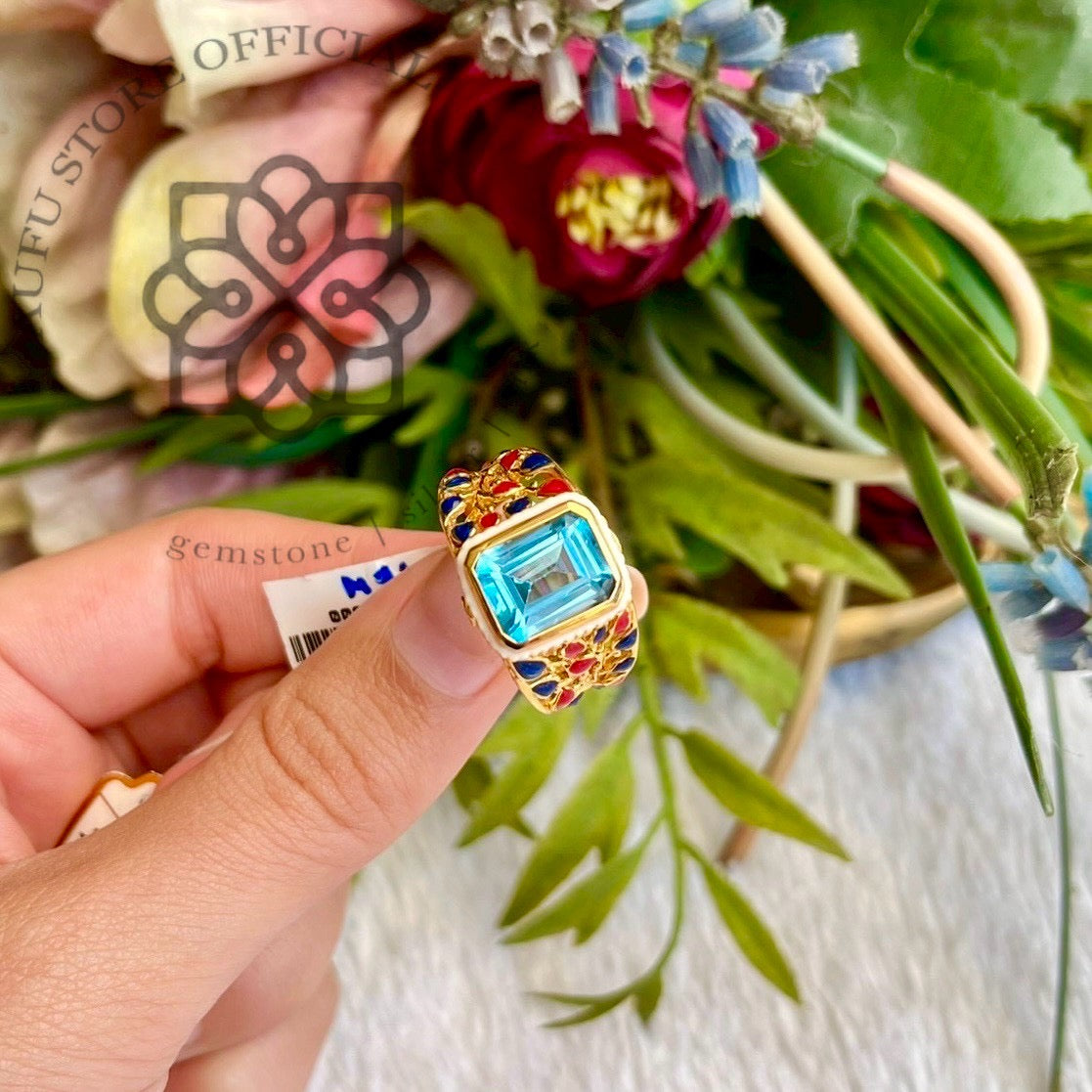แหวนบลูโทปาสลงยา รุ่น “Celestial Thai Mosaic” รุ่น “ฟ้าเรืองรัตน์” Celestial Thai Mosaic – Blue Topaz Enamel Statement Ring