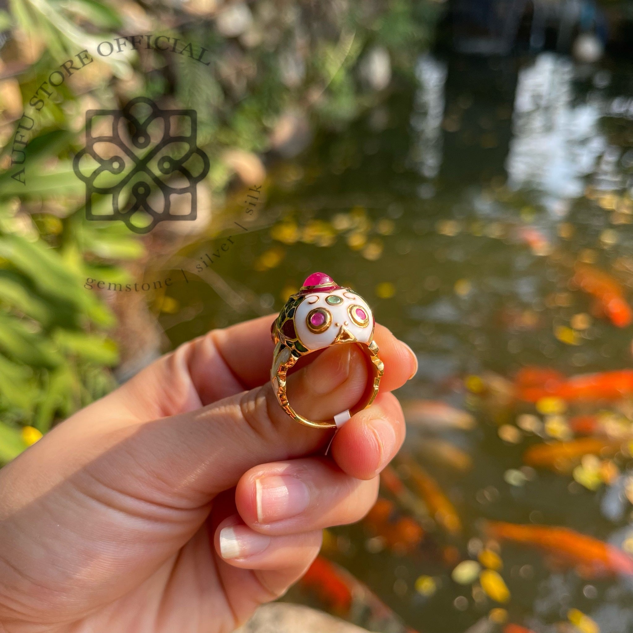 แหวนปลามงคลลงยา ประดับพลอยทับทิม Enamel Fish Ring with Natural Ruby