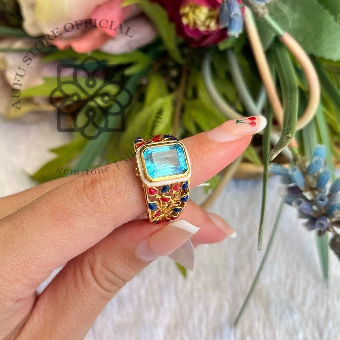 แหวนบลูโทปาสลงยา รุ่น “Celestial Thai Mosaic” รุ่น “ฟ้าเรืองรัตน์” Celestial Thai Mosaic – Blue Topaz Enamel Statement Ring