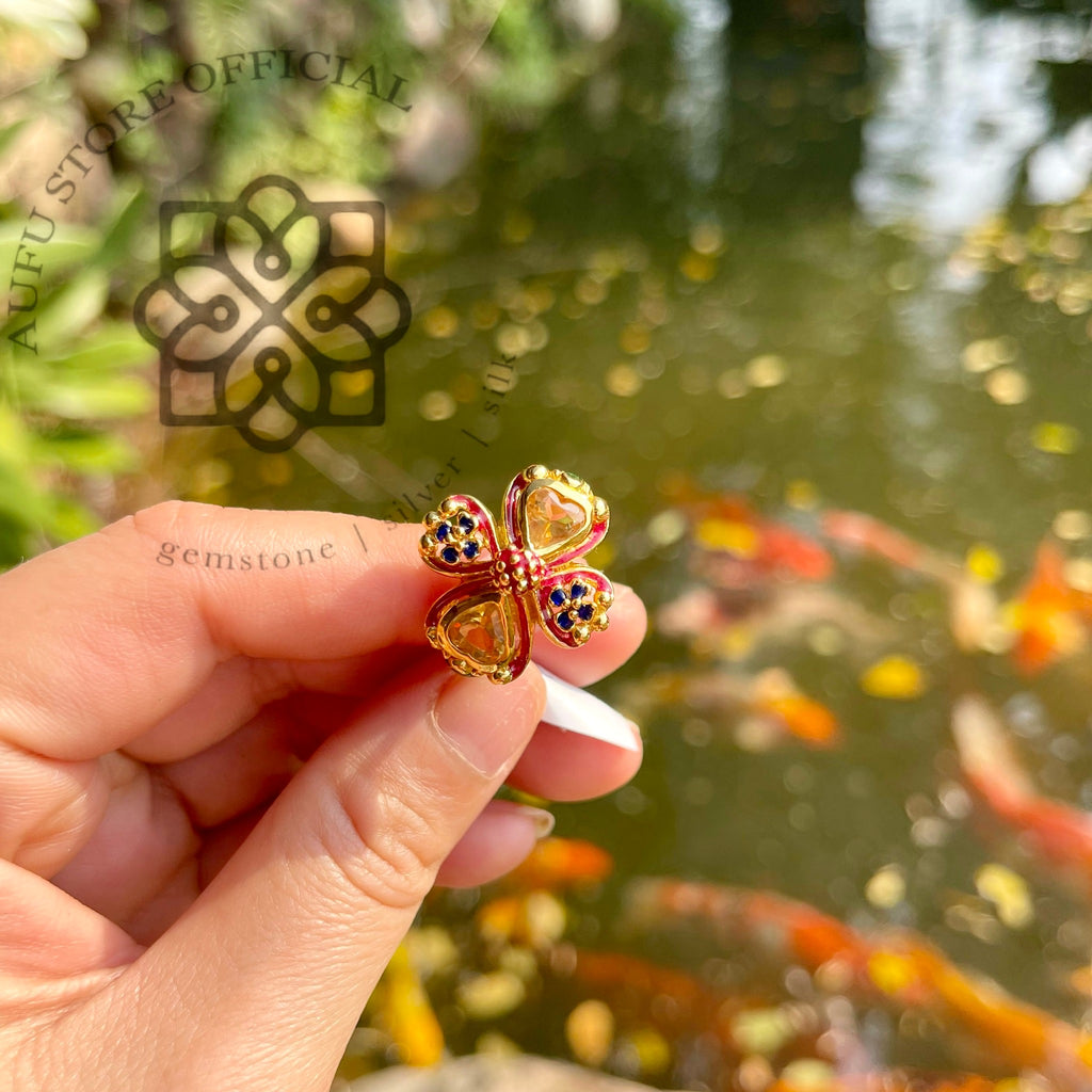 แหวนซิทรินดีไซน์ดอกไม้ ประดับพลอยหลายสี งานลงยาโบราณ Citrine Floral Ring with Multicolor Gem Accents (Handcrafted Enamel)