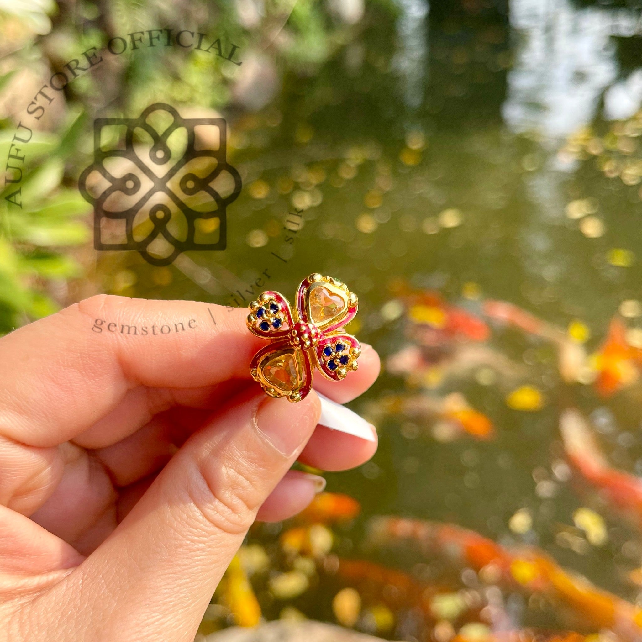 แหวนซิทรินดีไซน์ดอกไม้ ประดับพลอยหลายสี งานลงยาโบราณ Citrine Floral Ring with Multicolor Gem Accents (Handcrafted Enamel)