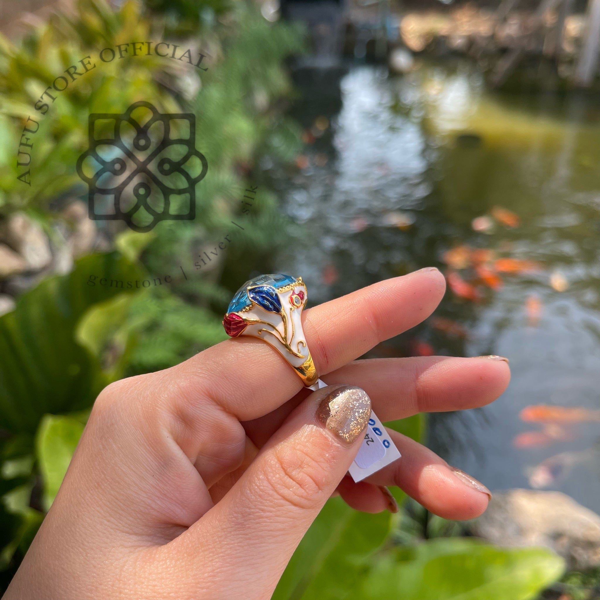 แหวนลงยาโบราณประดับบลูโทปาส รุ่น “Azure Majesty”  Azure Majesty – Royal Enamel Blue Topaz Ring