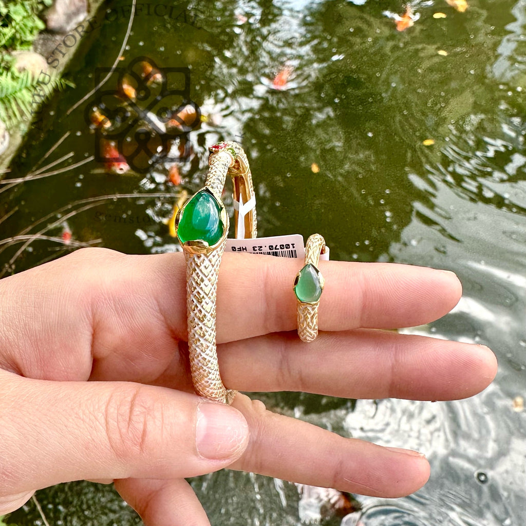 เซ็ตงูคู่พลอยโมราเขียว – แหวน และกำไลข้อมือ Green Chalcedony Snake Set – Ring & Bangle