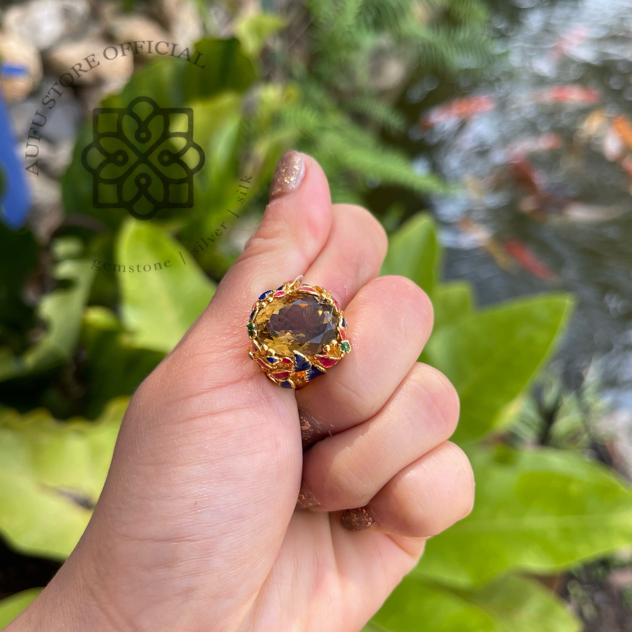 แหวนลงยาโบราณประดับซิทริน รุ่น “Golden Radiance”  Golden Radiance – Royal Enamel Citrine Ring