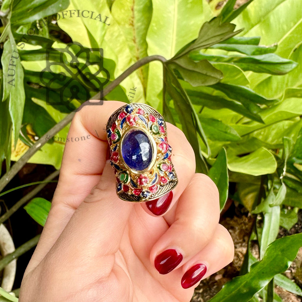 แหวนไพลินประดับพลอยหลายสี – งานลงยาโบราณ (Sapphire Multi-Gem Enamel Ring) Blue Sapphire Multi-Gem Enamel Statement Ring – Handcrafted