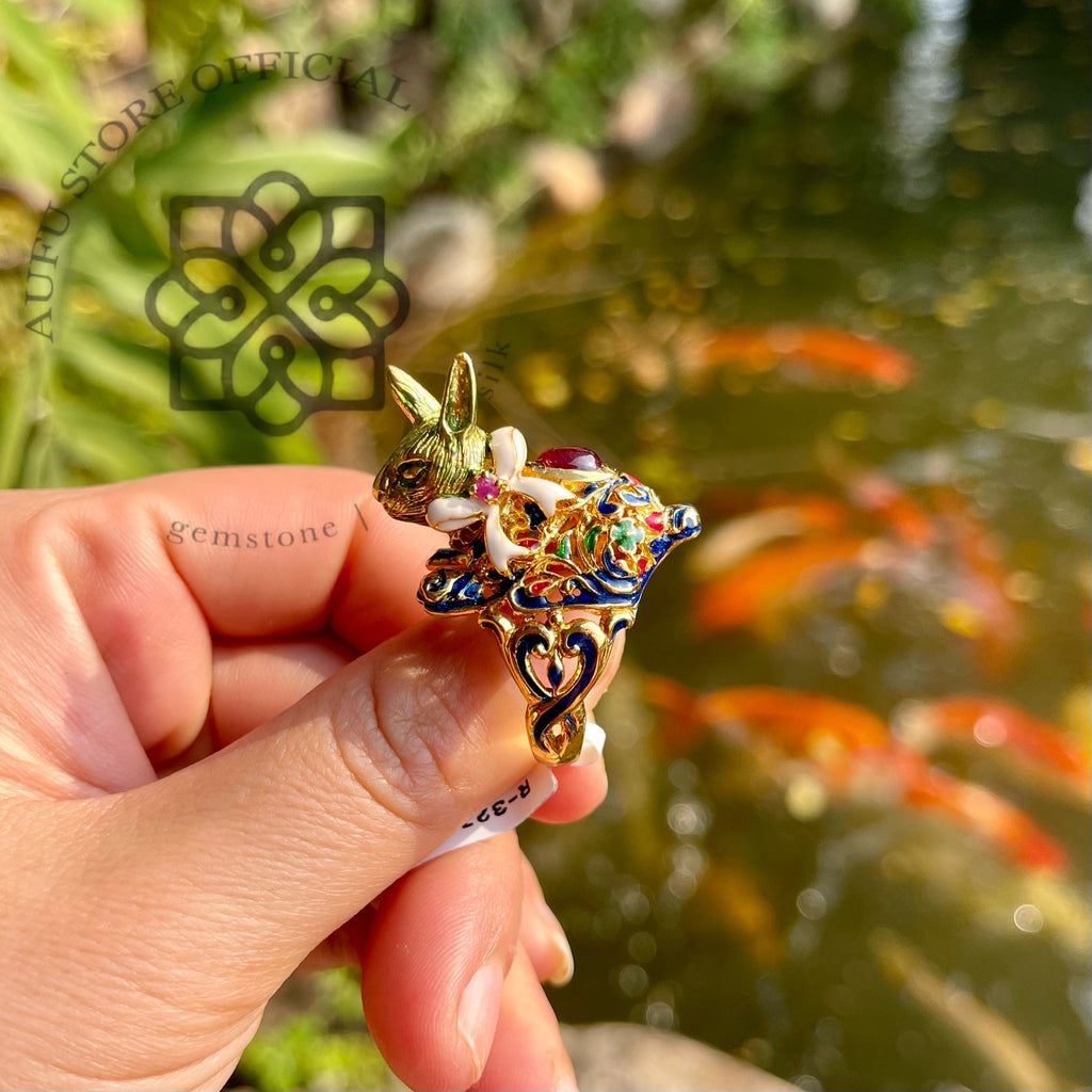 แหวนรูปกระต่ายลงยา (ทับทิมเม็ดกลาง) Rabbit Enamel Statement Ring