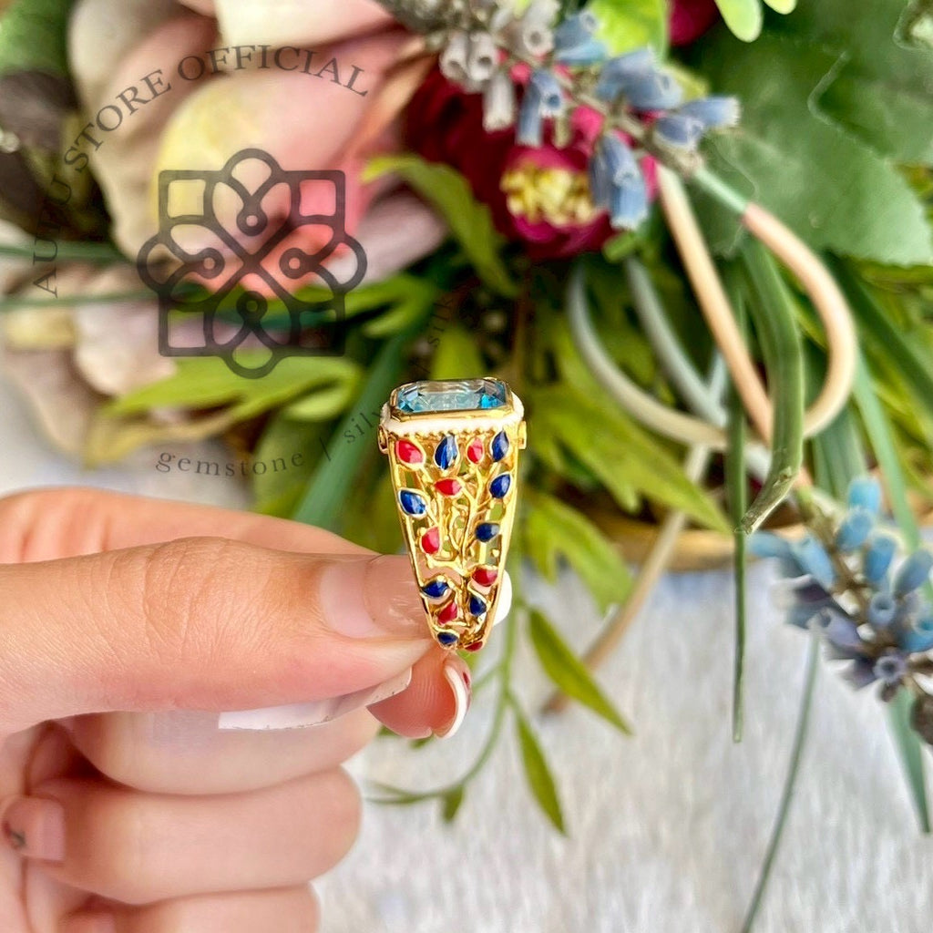 แหวนบลูโทปาสลงยา รุ่น “Celestial Thai Mosaic” รุ่น “ฟ้าเรืองรัตน์” Celestial Thai Mosaic – Blue Topaz Enamel Statement Ring