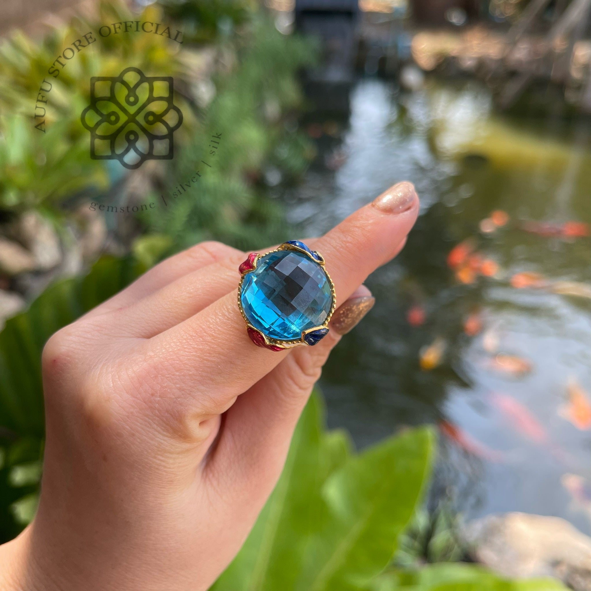 แหวนลงยาโบราณประดับบลูโทปาส รุ่น “Azure Majesty”  Azure Majesty – Royal Enamel Blue Topaz Ring
