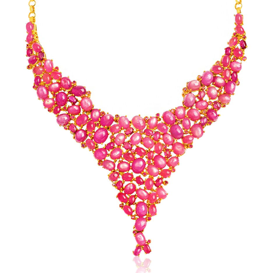 สร้อยคอทับทิมพิงก์โทน เรียงลายพัดหรู (Pink Ruby Cascade Necklace) Pink Ruby Cascade Necklace in Elegant Fan Design
