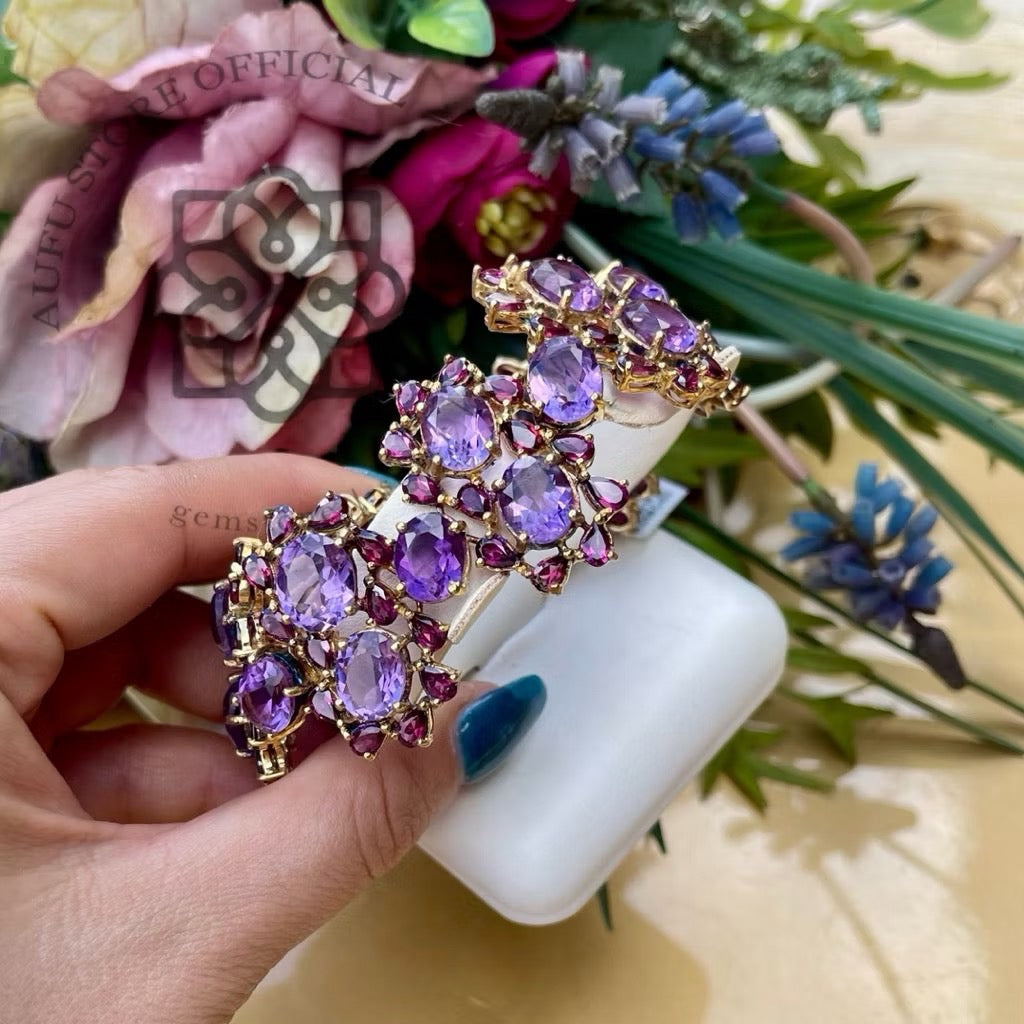 สร้อยข้อมืออเมทิสต์ดีไซน์คลัสเตอร์ ประดับพลอยสีม่วง สไตล์หรูหราคลาสสิก   Luxury Amethyst Cluster Bracelet in Classic Elegant Design