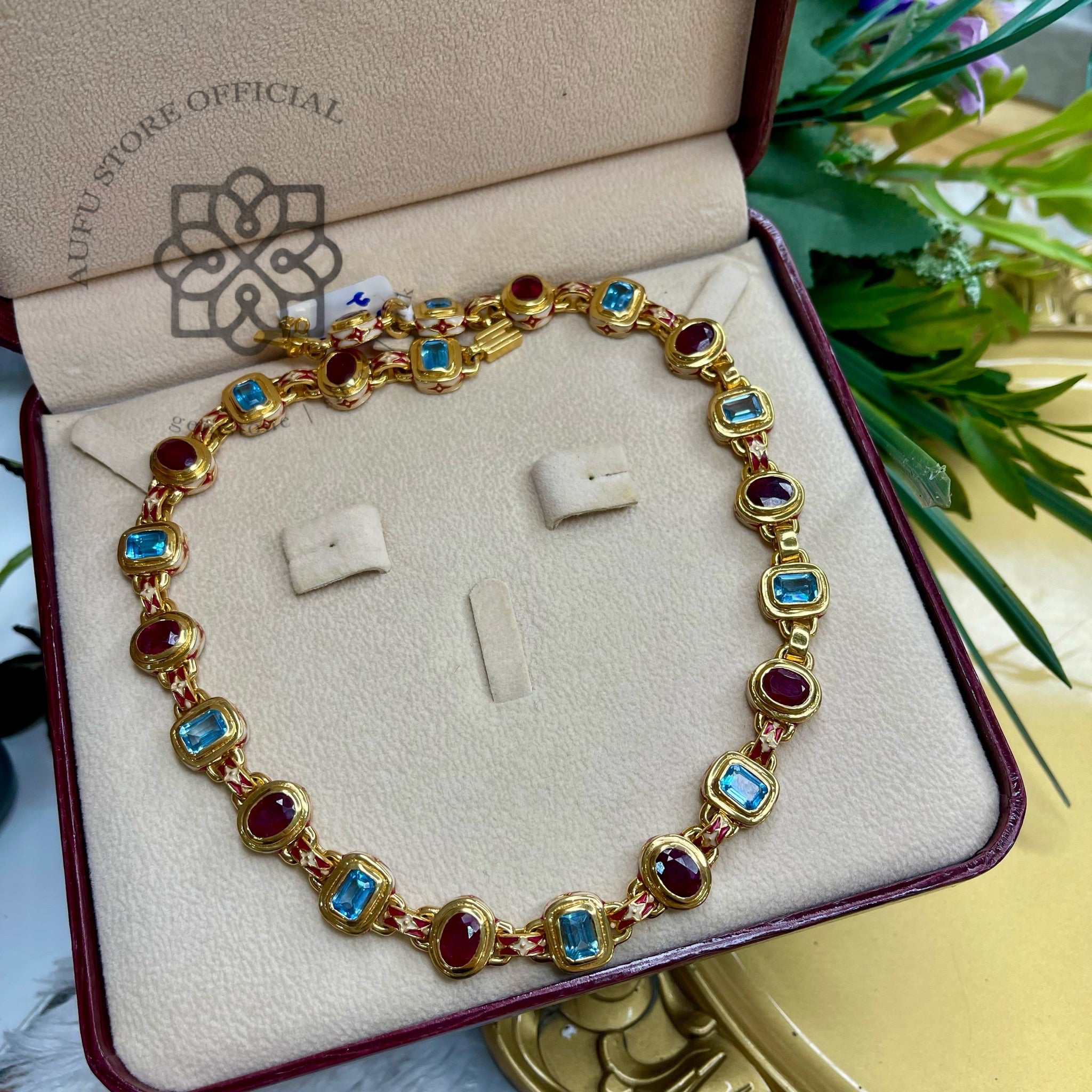 สร้อยคอทับทิม – บลูโทปาส ลงยาโบราณ Premium Handmade Necklace Premium Ruby & Blue Topaz Enamel Necklace – Handcrafted