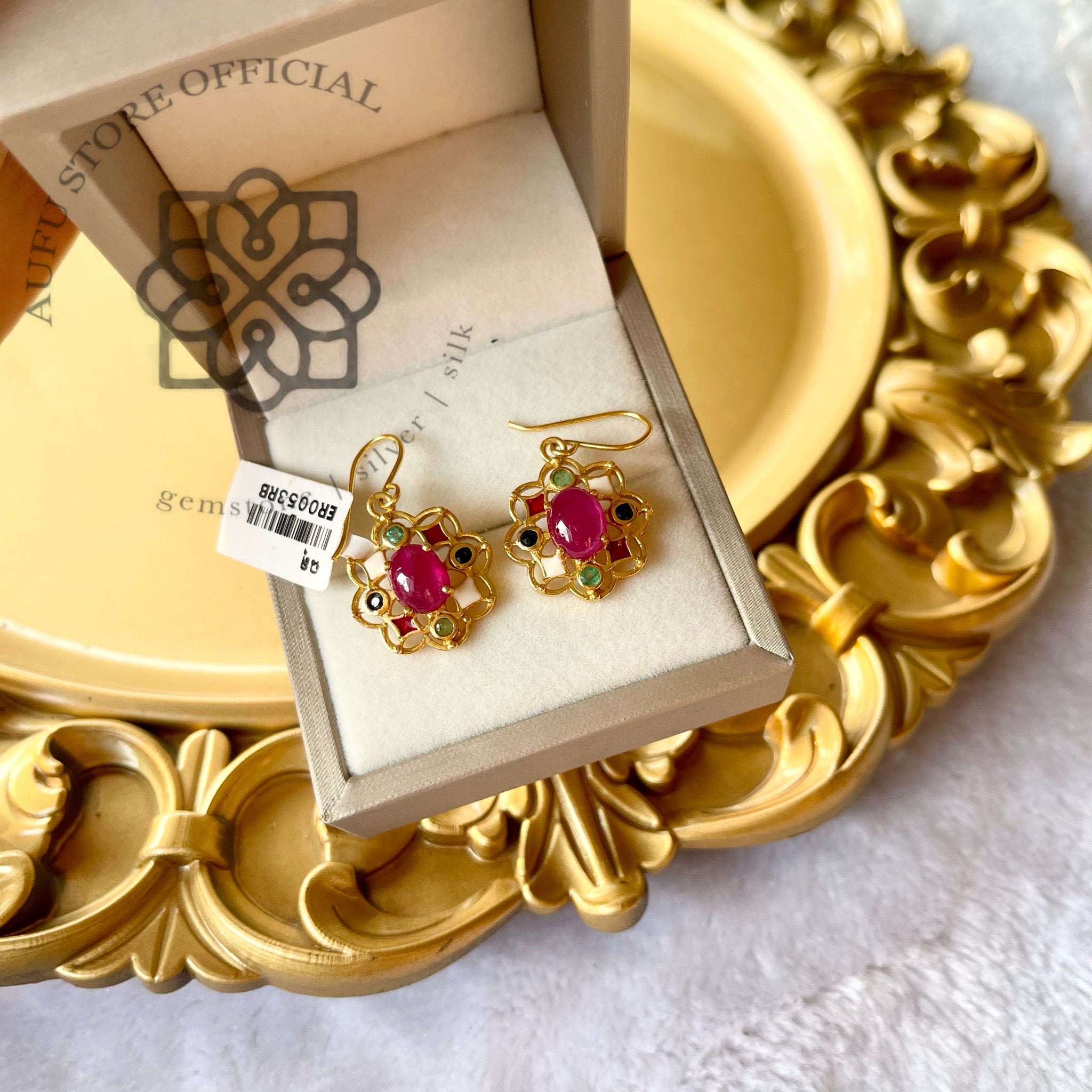 ต่างหูทับทิมโบราณลายดอกไม้ รุ่น “Ruby Lotus Halo” “มณฑารพชาดา”Ruby Lotus Halo – Vintage Floral Ruby Earrings