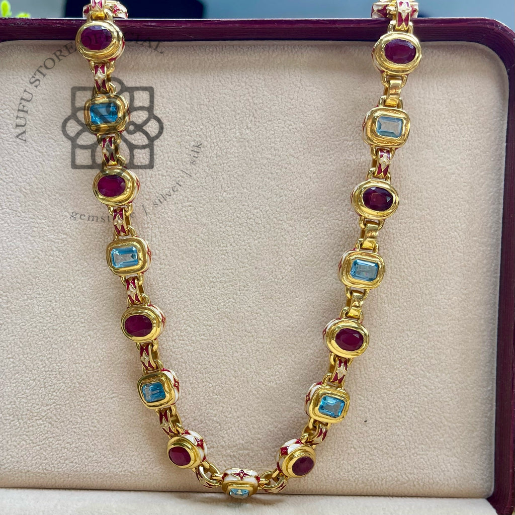 สร้อยคอทับทิม – บลูโทปาส ลงยาโบราณ Premium Handmade Necklace Premium Ruby & Blue Topaz Enamel Necklace – Handcrafted