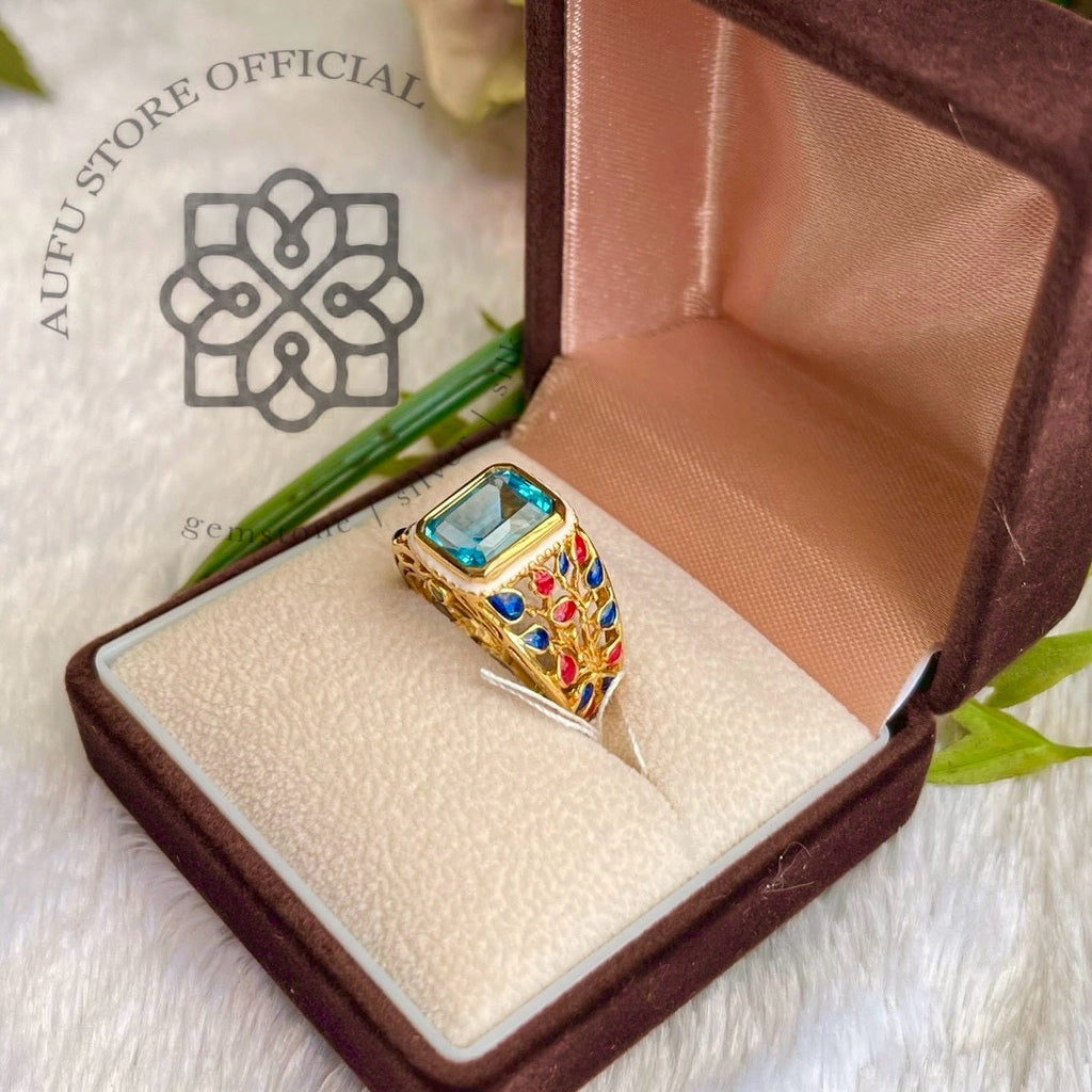 แหวนบลูโทปาสลงยา รุ่น “Celestial Thai Mosaic” รุ่น “ฟ้าเรืองรัตน์” Celestial Thai Mosaic – Blue Topaz Enamel Statement Ring
