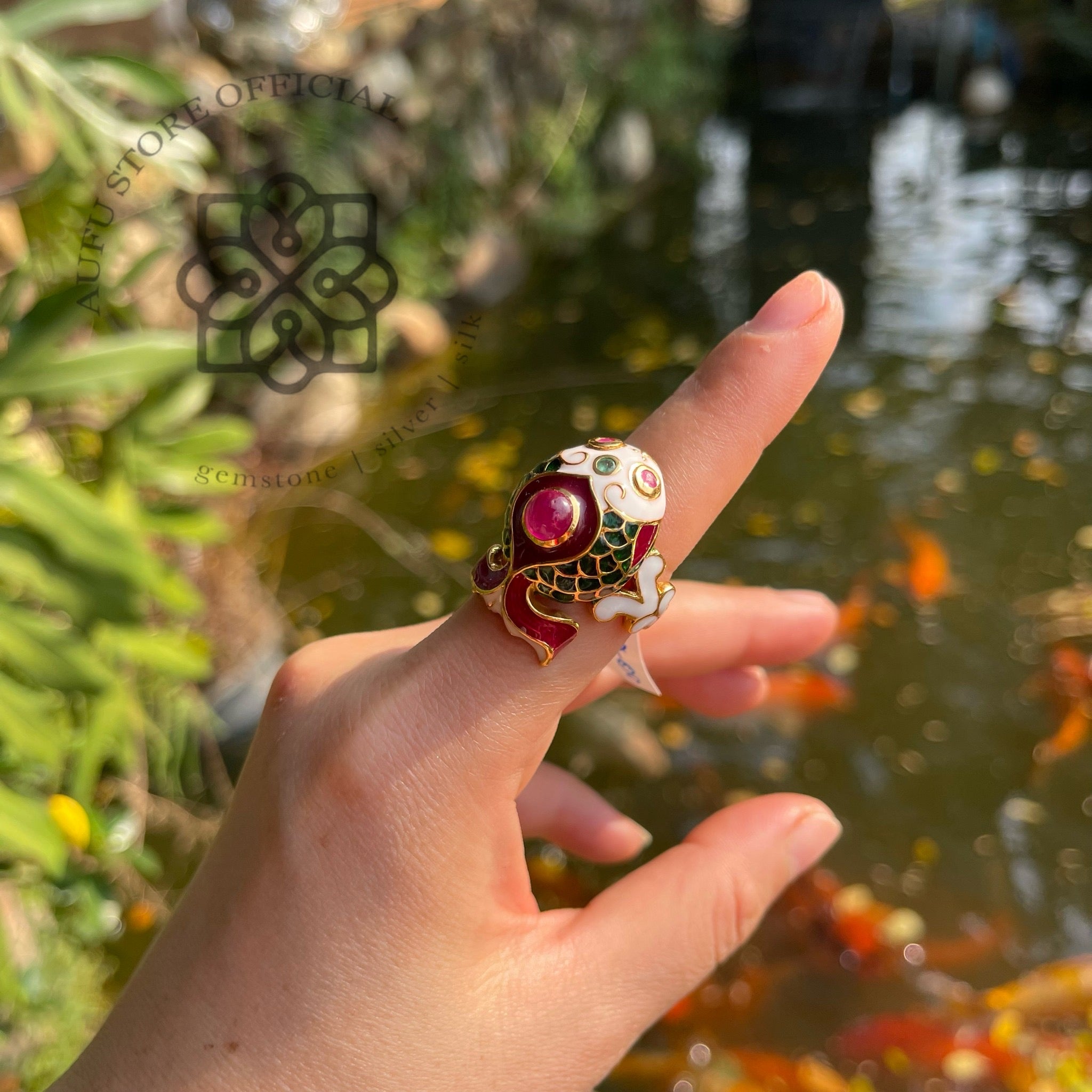 แหวนปลามงคลลงยา ประดับพลอยทับทิม Enamel Fish Ring with Natural Ruby