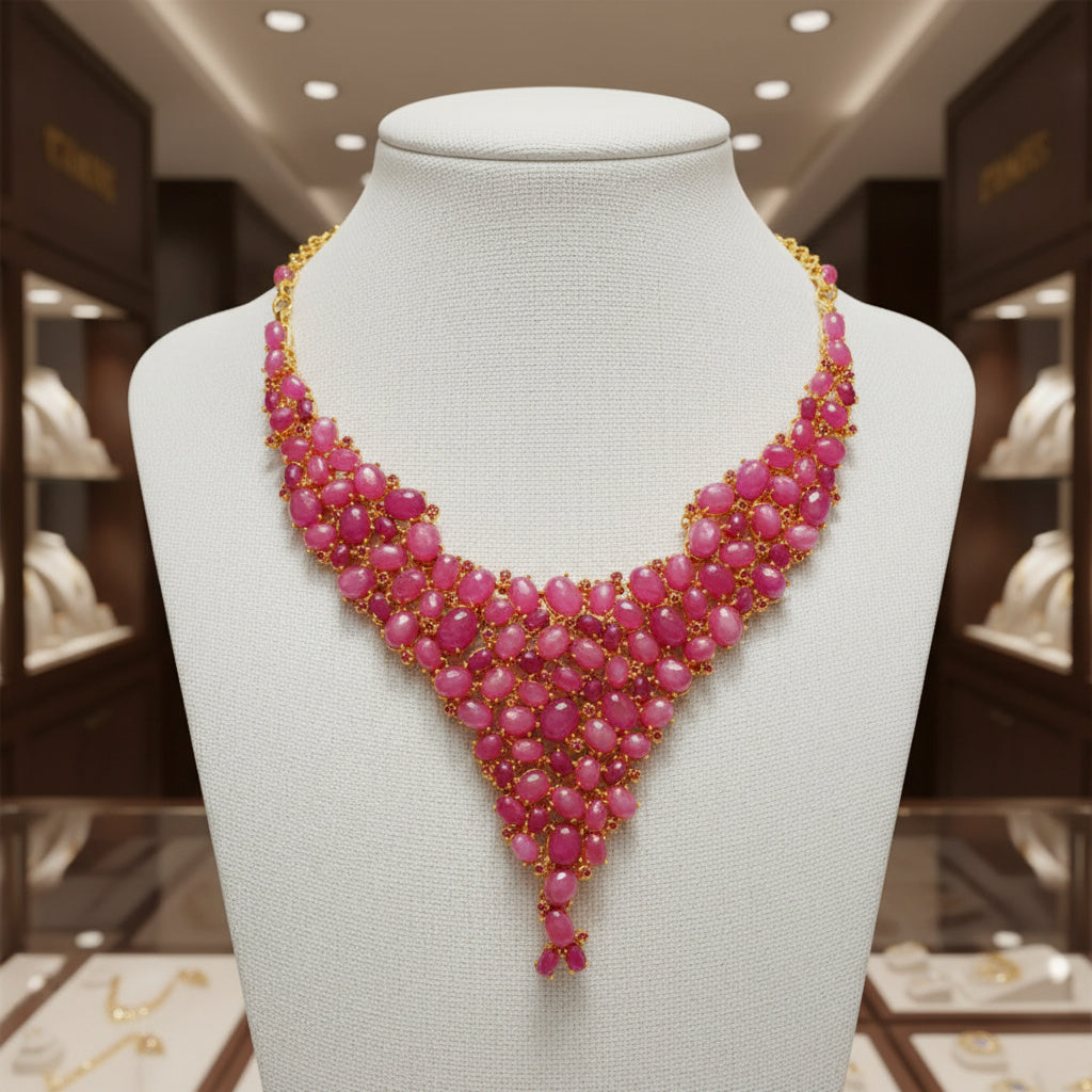 สร้อยคอทับทิมพิงก์โทน เรียงลายพัดหรู (Pink Ruby Cascade Necklace) Pink Ruby Cascade Necklace in Elegant Fan Design